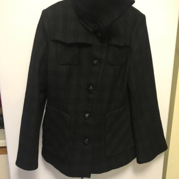 MACKAGE Plaid Check Bell Sleeves Wool Coat Jacket Leather Pockets Lined Collar L - Picture 9 of 13